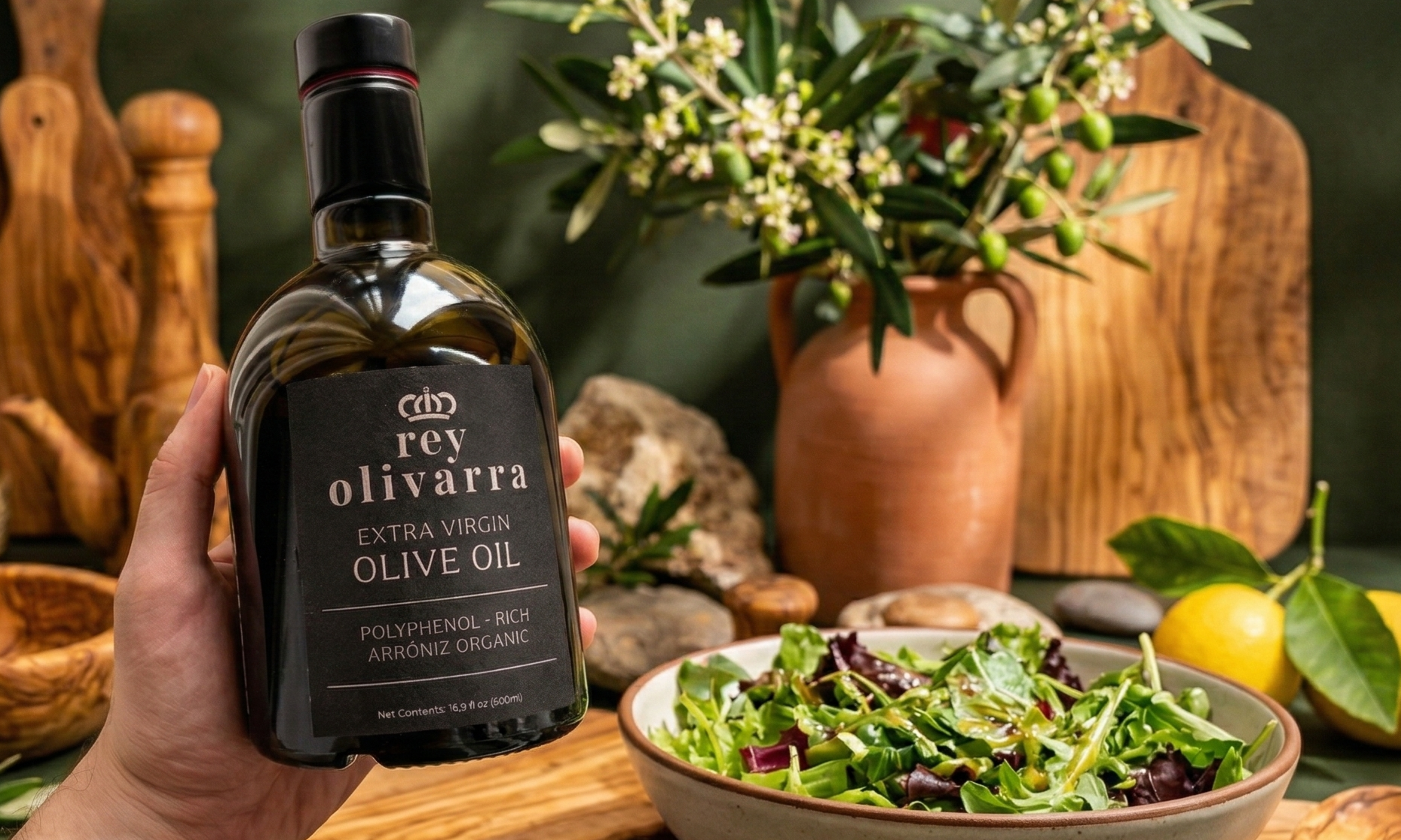 Rey Olivarra Extra Virgin Olive Oil – Polyphenol-Rich Organic - 16 OZ
